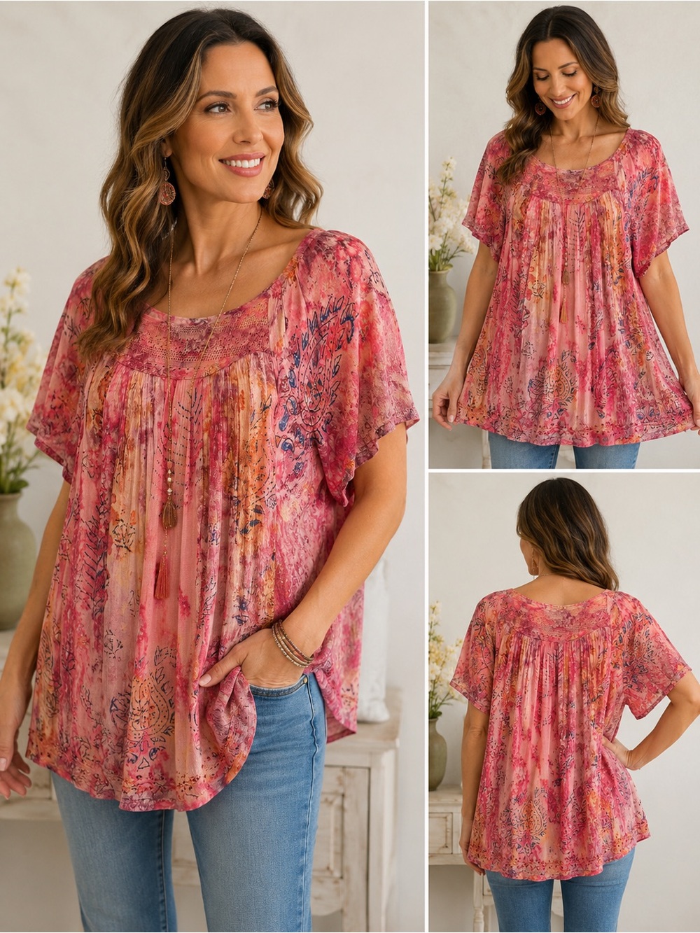 Relaxed Pink Floral Pintuck Tunic Top